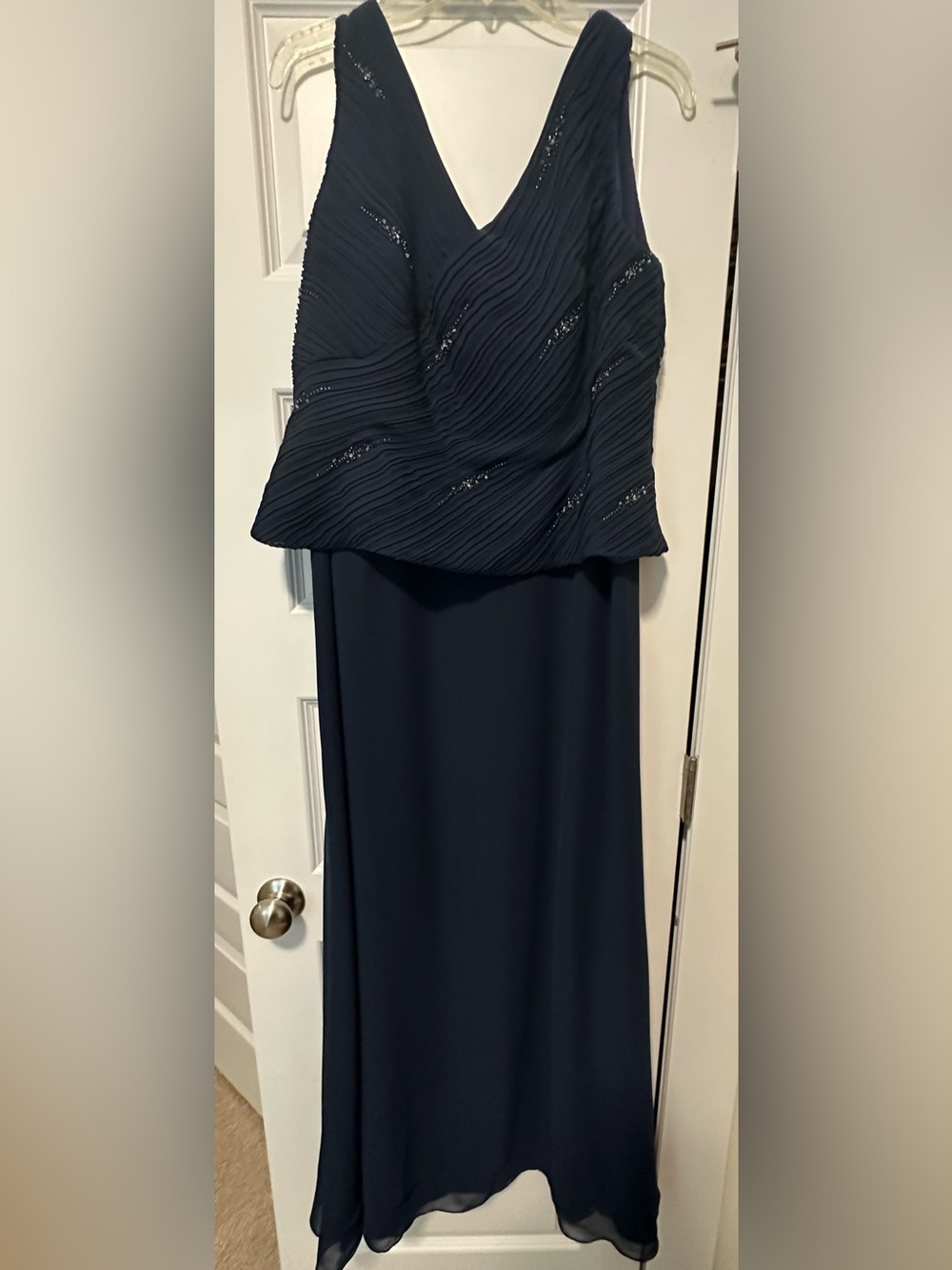 Elegant Navy Evening Dress with Beaded Bodice w/ sheer sleeve covering.